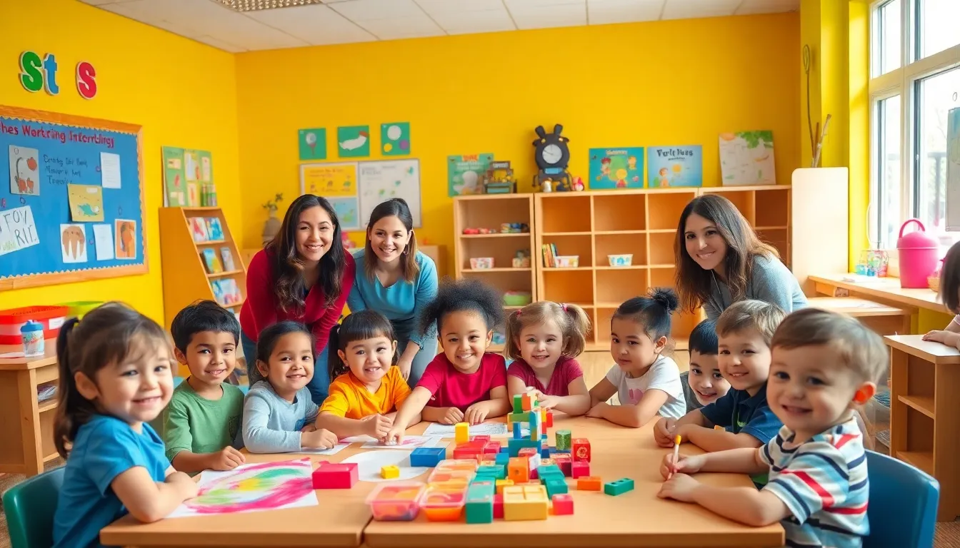 children engaged in activities at a colorful preschool classroom.