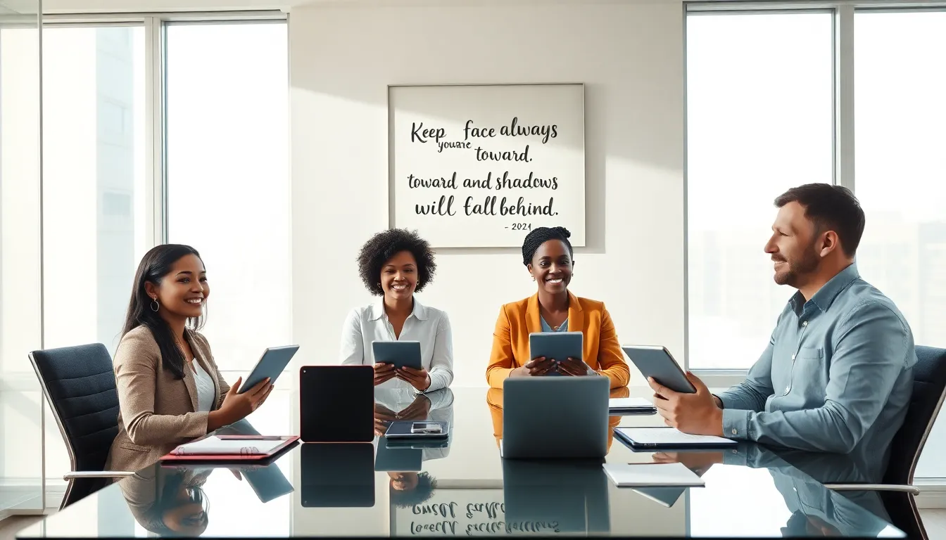 diverse professionals collaborating in a bright office space with motivational quotes.