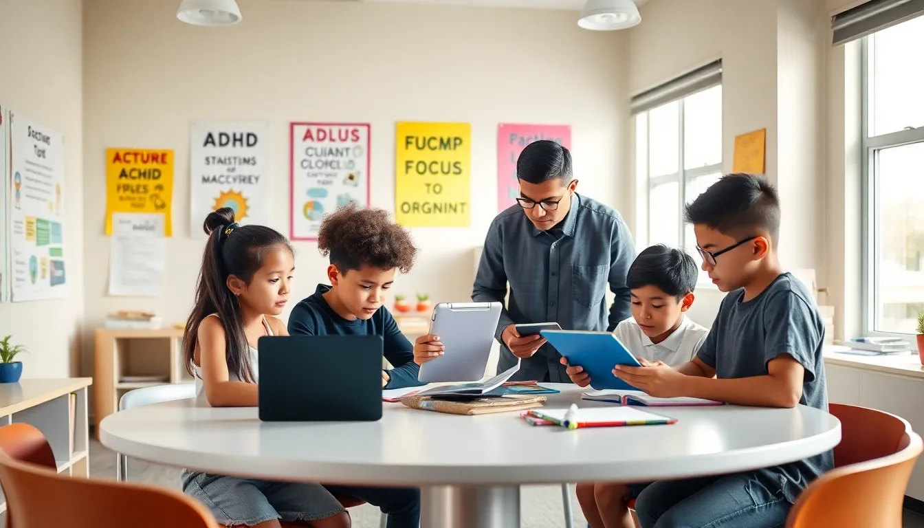 students with ADHD receiving homework support in a vibrant classroom.