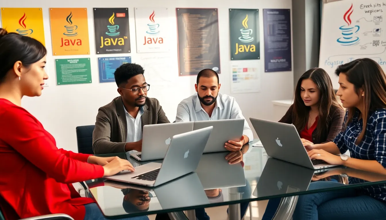 diverse team collaborating in a modern workspace on Java programming.
