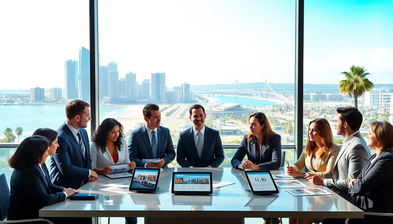 real estate professionals discussing trends in front of the San Diego skyline.
