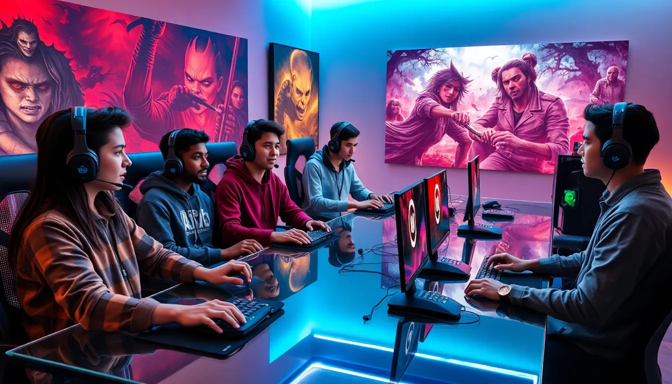 diverse team of gamers playing Hell2mize in a modern office.