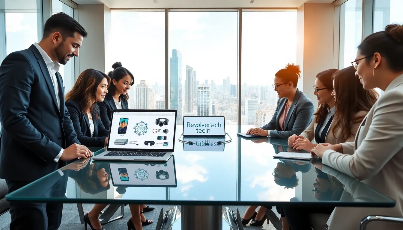 diverse team collaborating on Revolvertech products in a modern office.