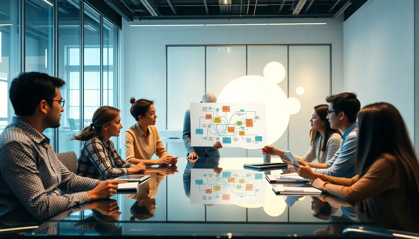 diverse team collaborating on creative problem-solving in a modern office.