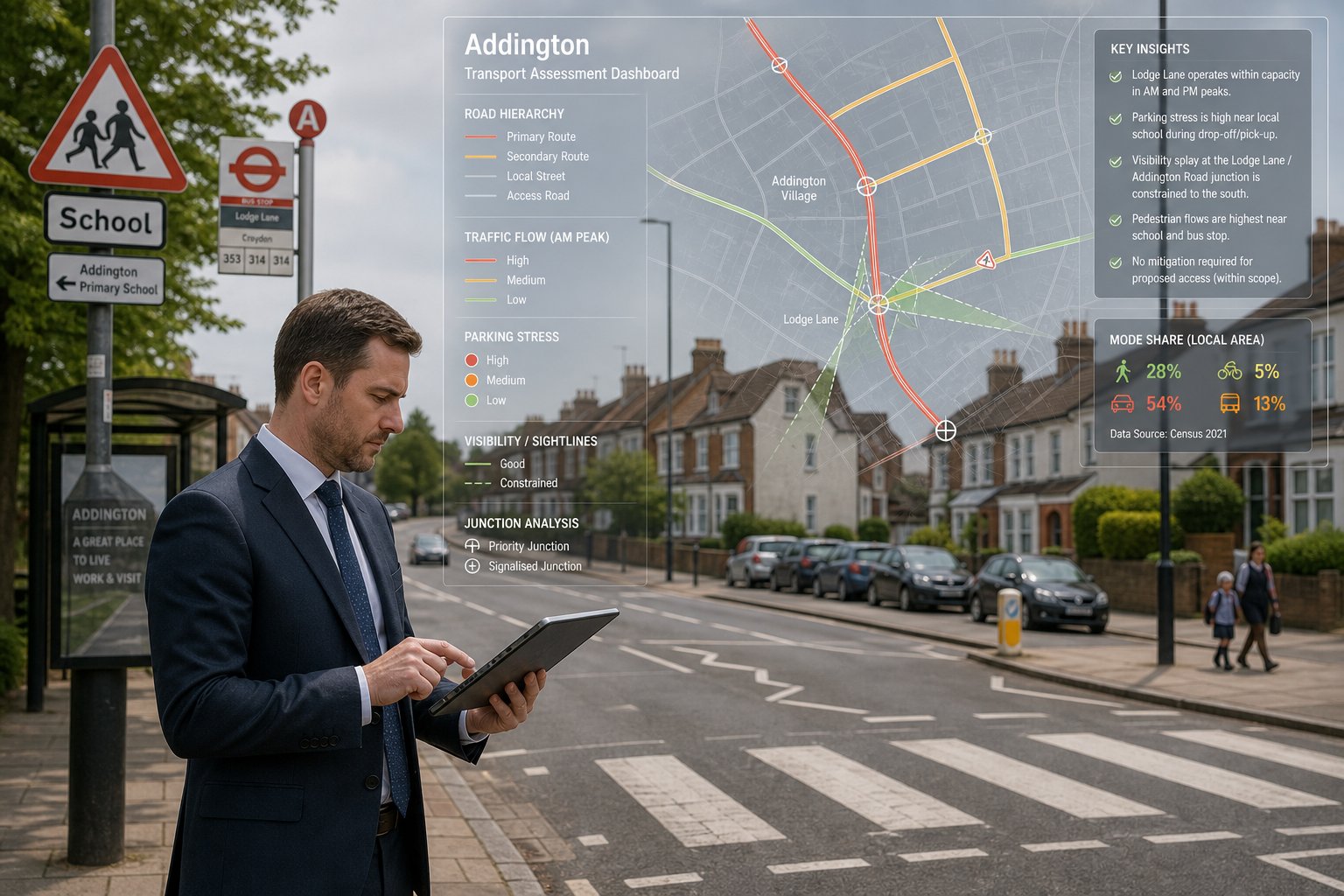 Traffic engineer assessing a local Addington road junction in the UK.