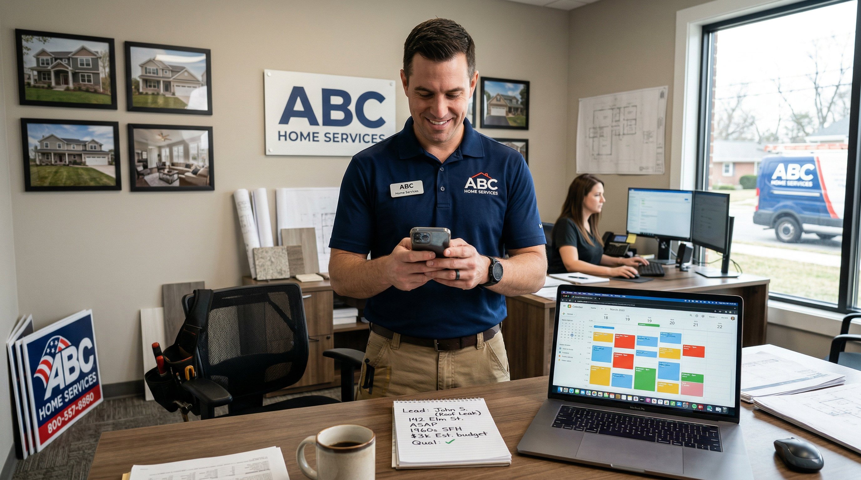 Contractor quickly responding to a homeowner lead in a booking-focused office.