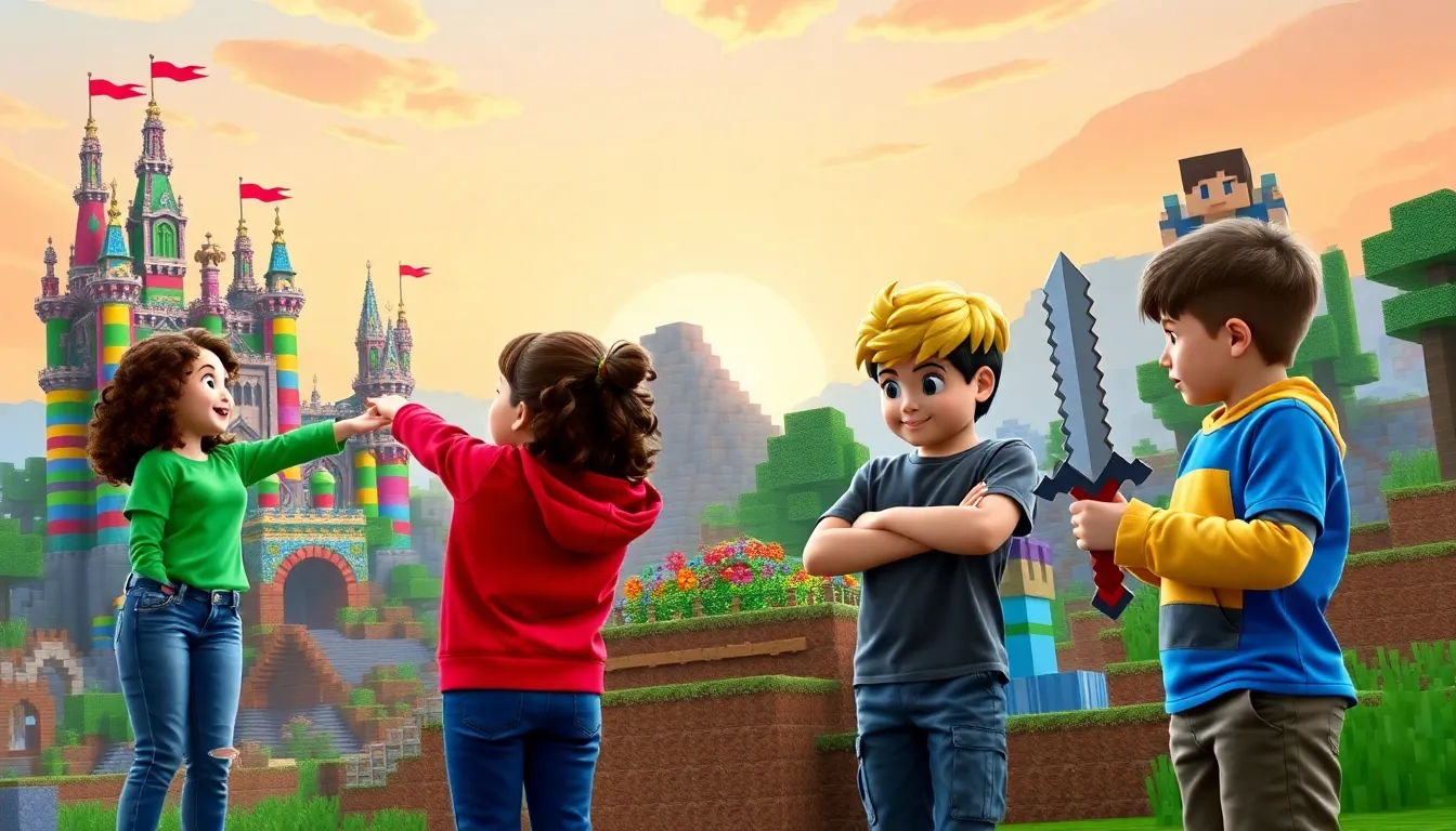 players creating and exploring in a vibrant Minecraft landscape.