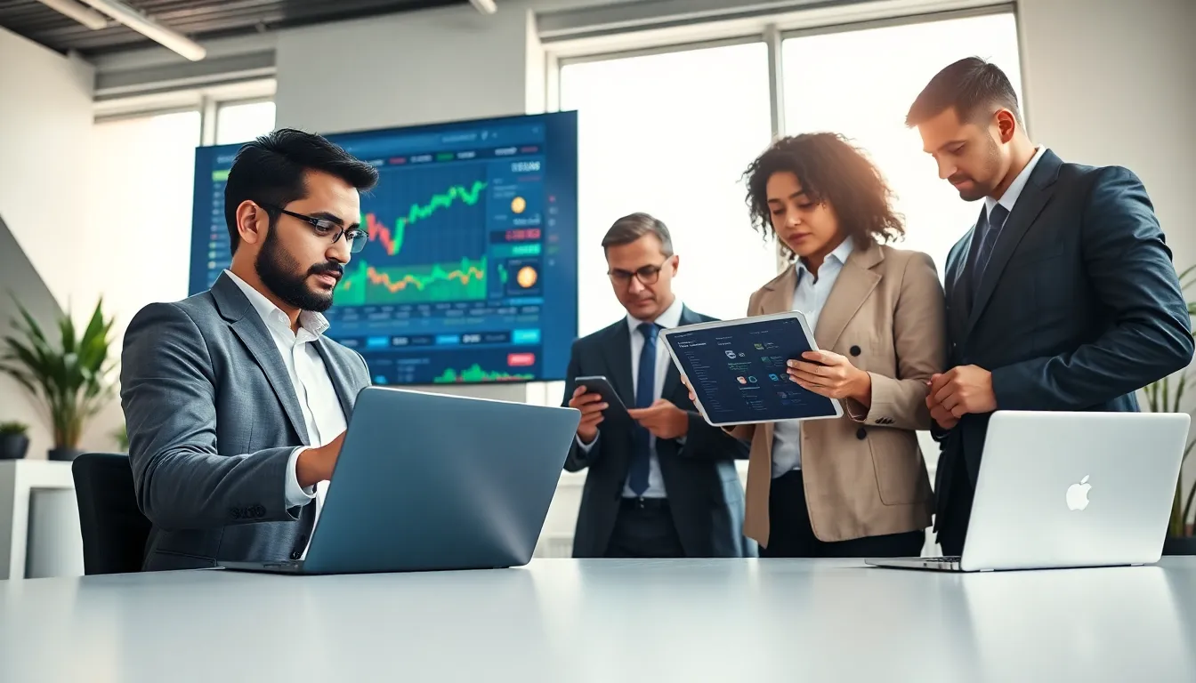 diverse professionals collaborating in a modern cryptocurrency trading workspace.