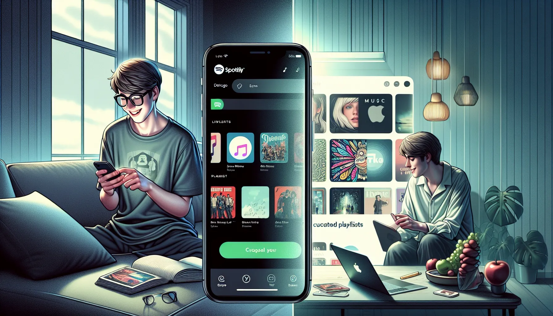 A comparison of Spotify and Apple Music interfaces on smartphones and laptops.