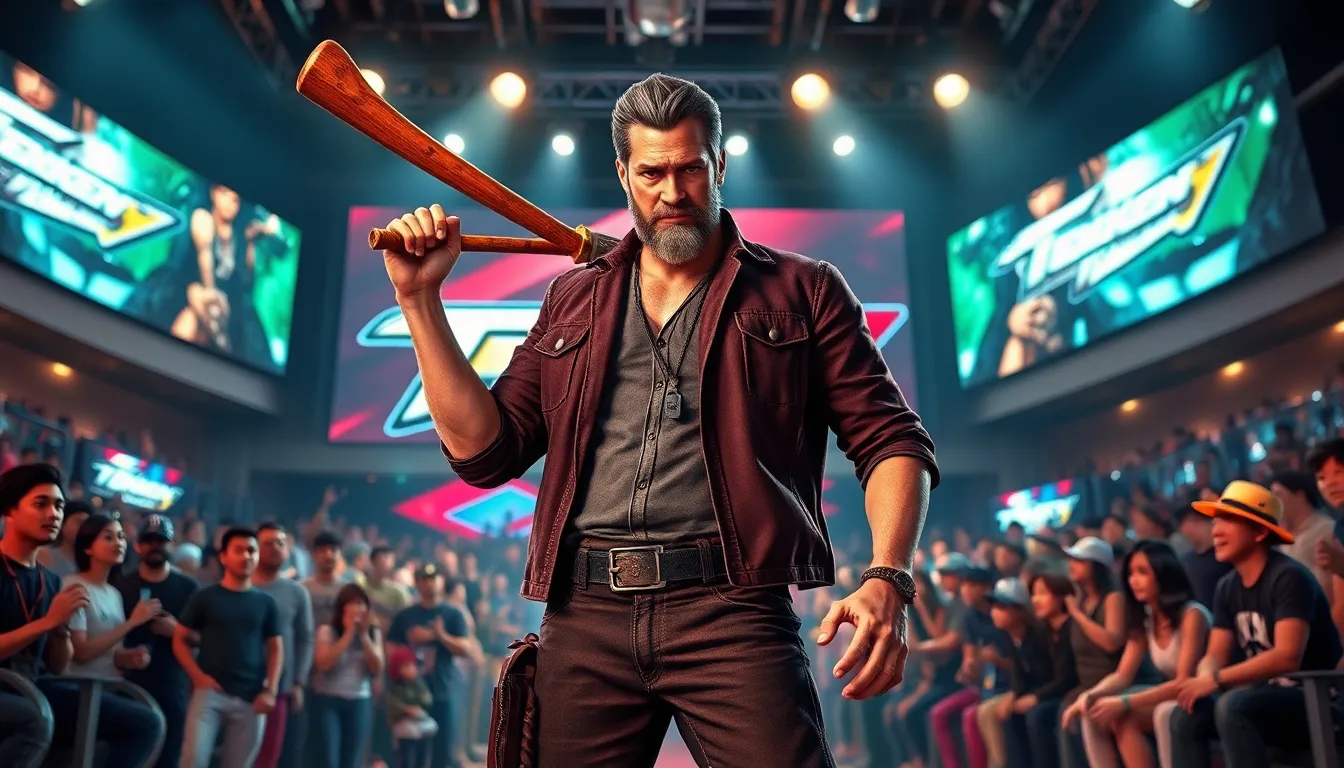 Negan from Tekken 7 in a modern gaming arena with fans in the background.