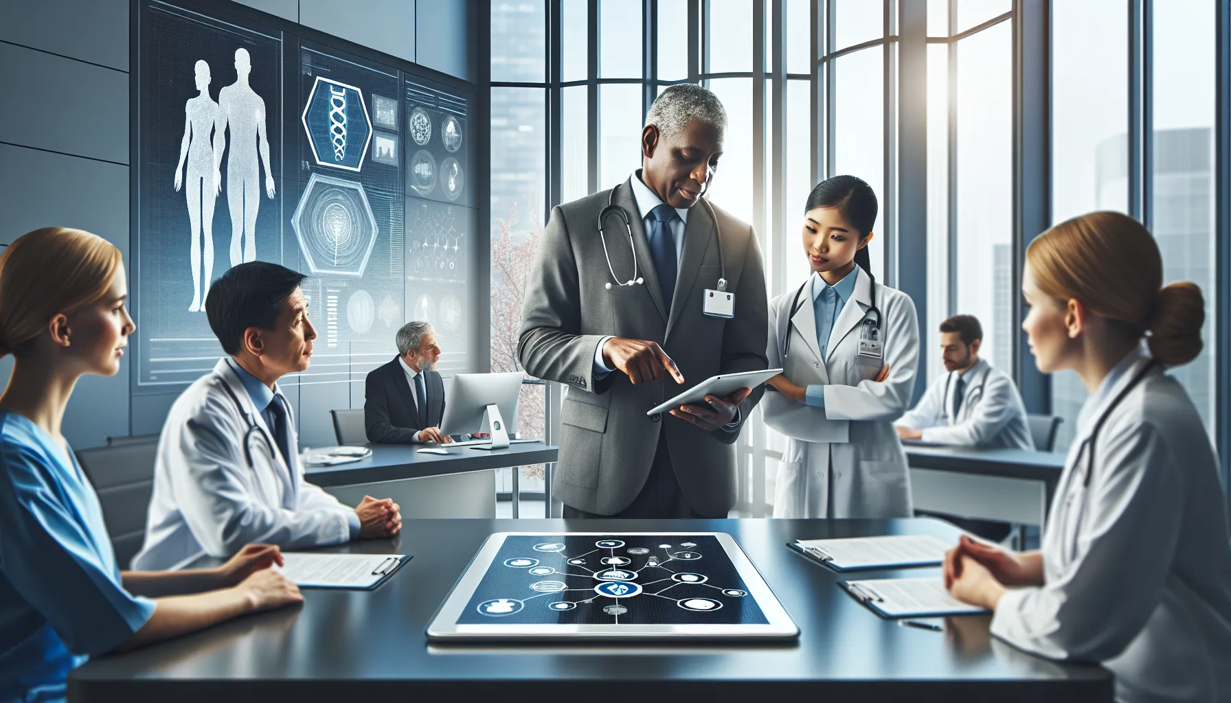 healthcare professionals discussing medical taxonomy in a modern office.
