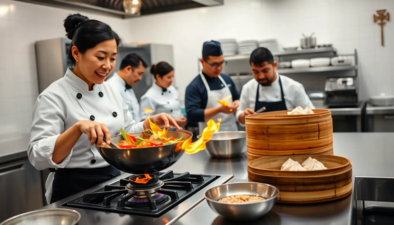 chefs demonstrating Chinese cooking techniques in a modern kitchen.