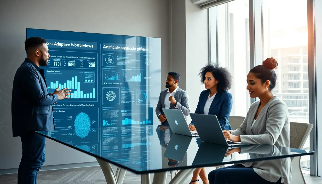 diverse professionals collaborating in a modern office on AI solutions.