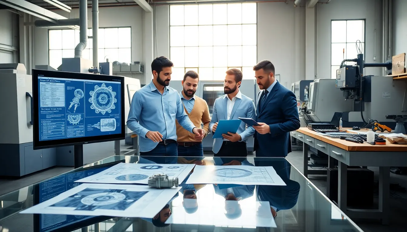 engineers analyzing CNC machining specifications in a modern workshop.