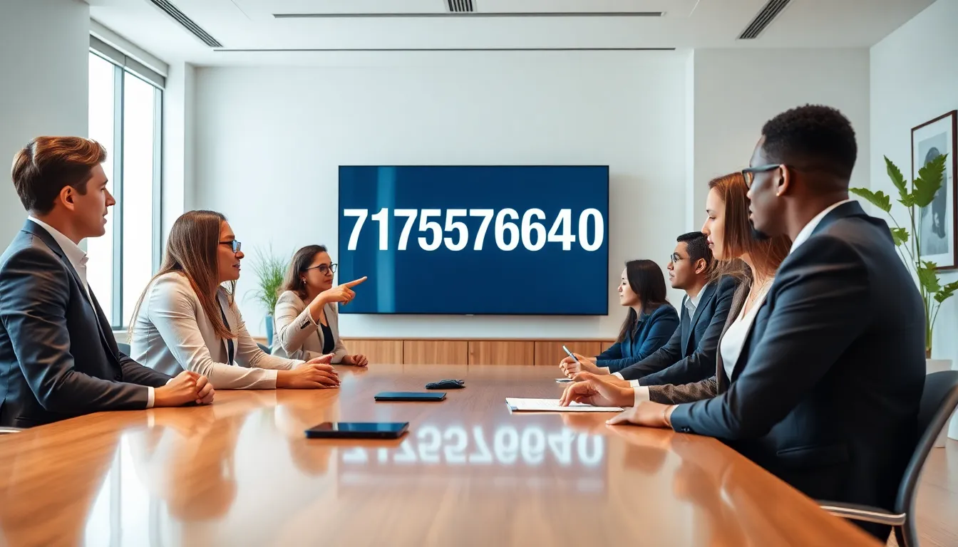 professionals discussing the significance of a number in a modern office.