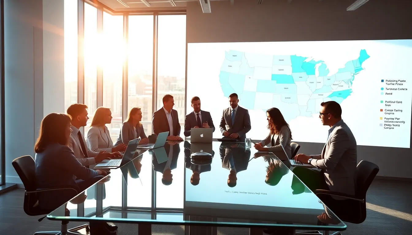 diverse team discussing political geography in a modern office.