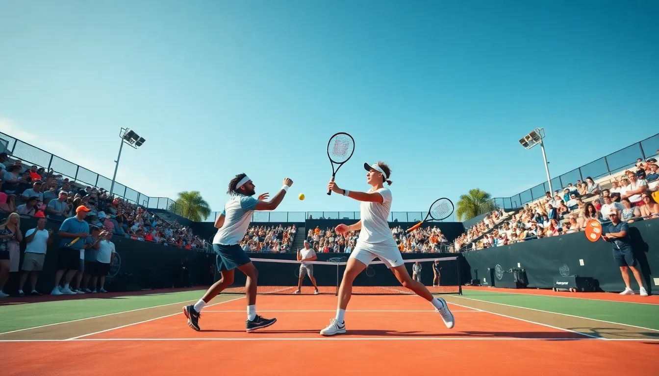 diverse tennis players in action on a modern court.