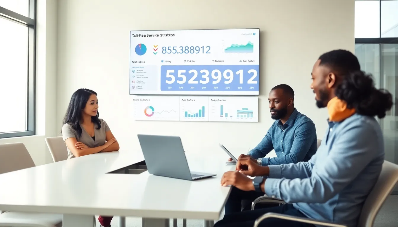 diverse professionals discussing toll-free numbers in a modern office.