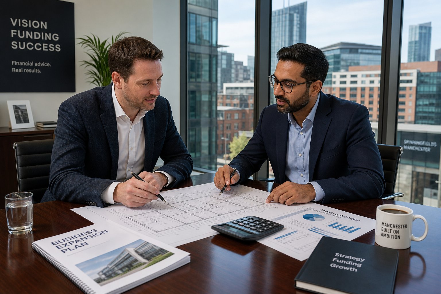 Business owner and adviser reviewing commercial property plans and finance documents in a bright Manchester office.