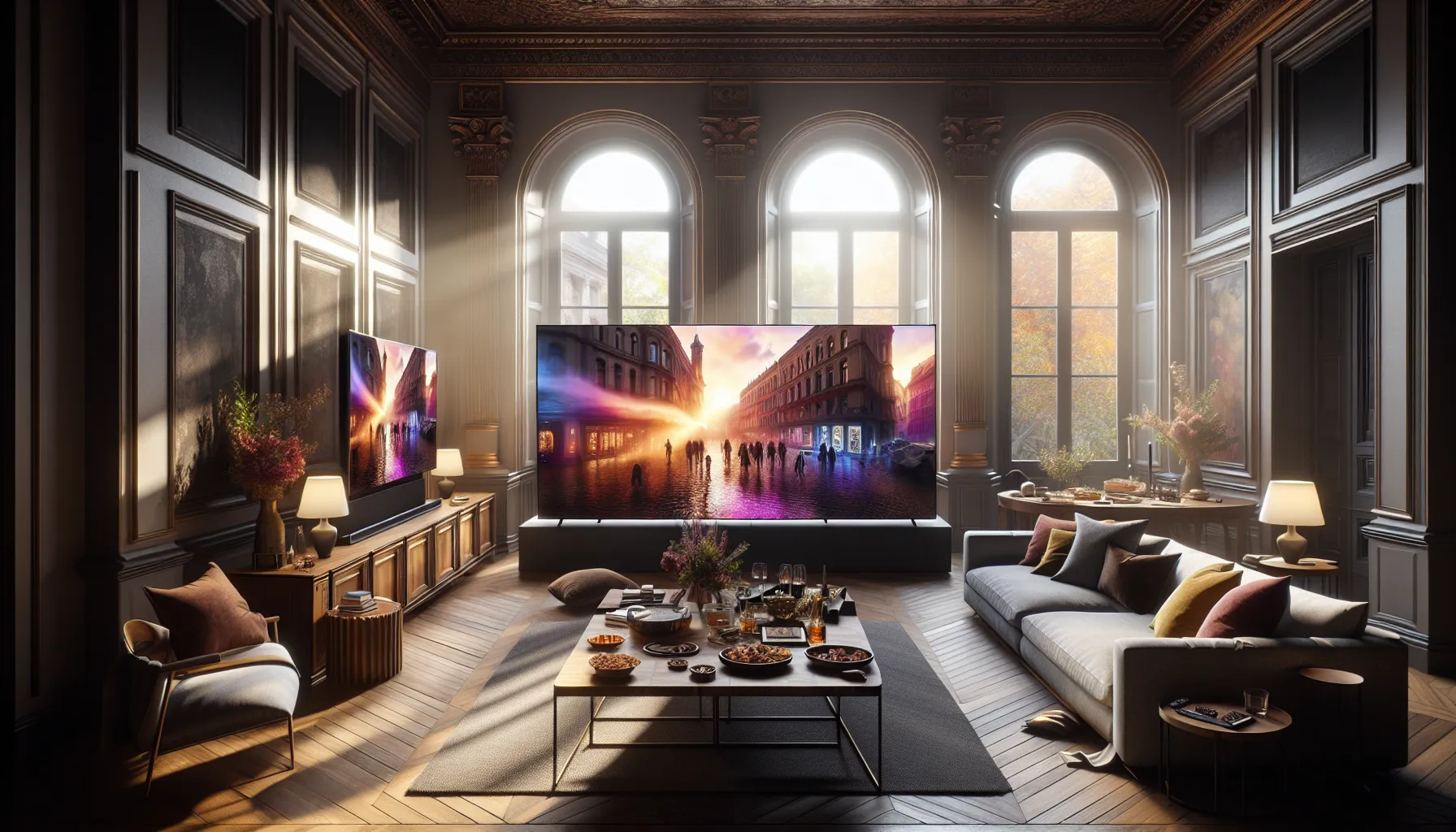 A living room with an OLED and QLED TV showcasing vibrant images.