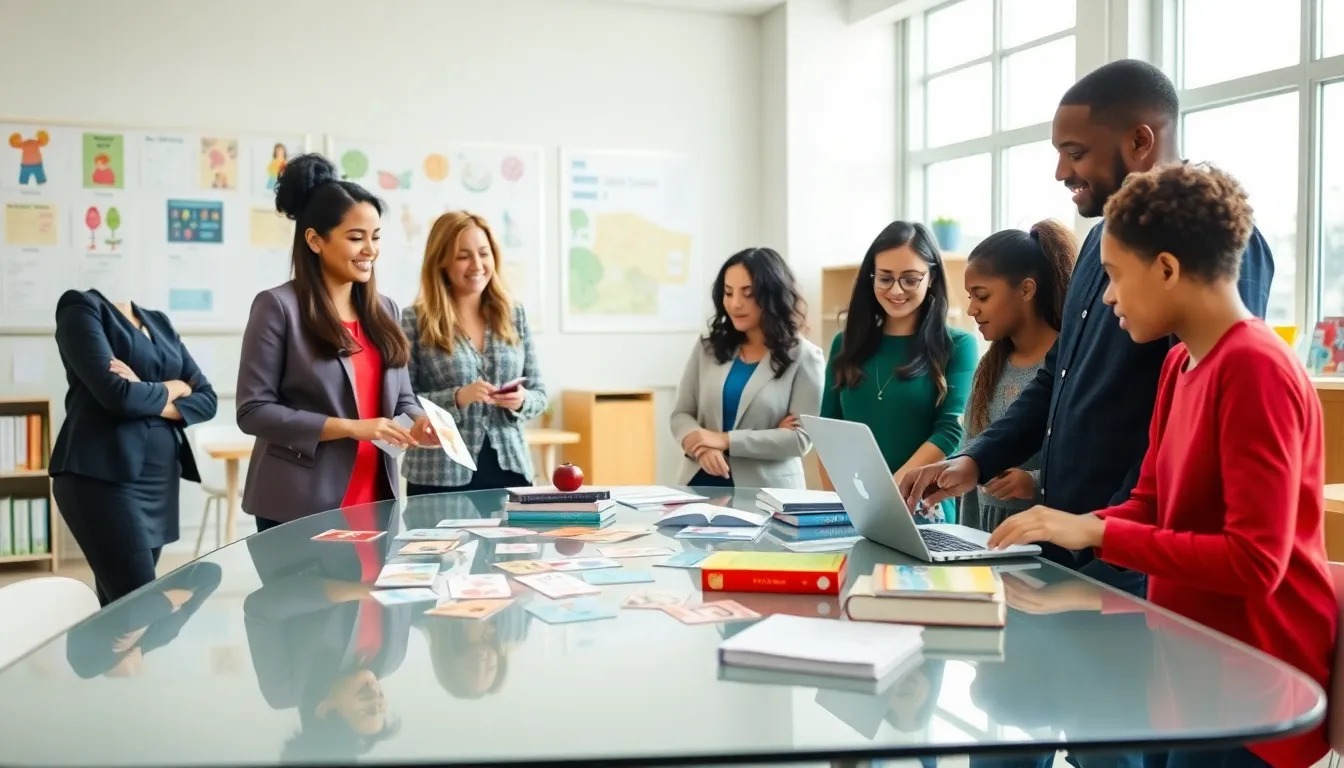 diverse teachers collaborating in a modern classroom on literacy instruction.