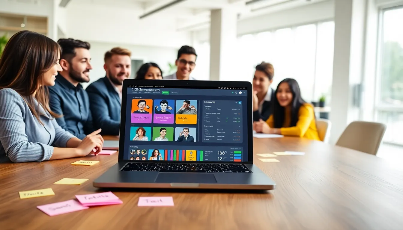 diverse team collaborating around a laptop displaying CK2Generator.com.