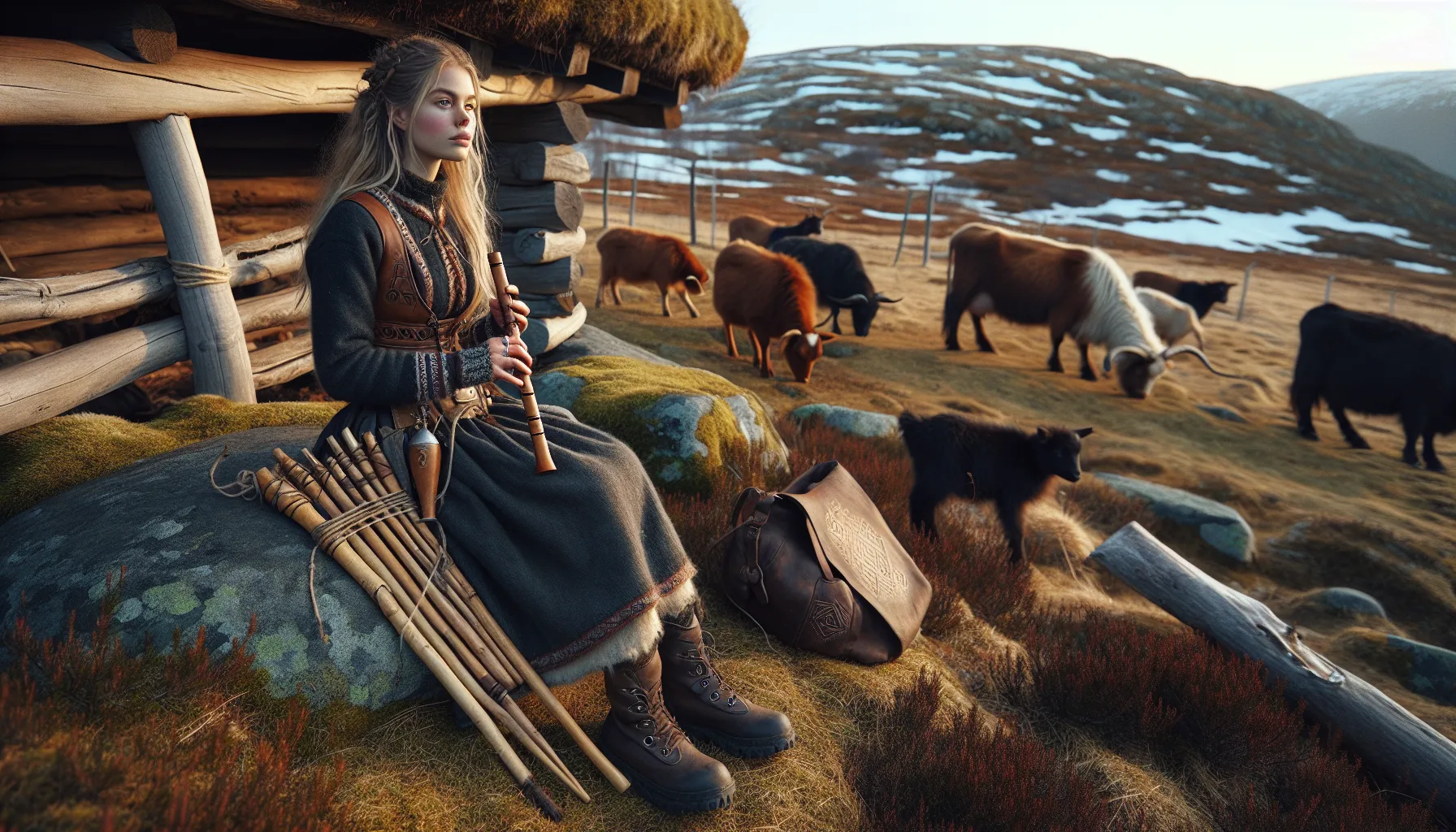 Norwegian dairymaid plays seljefløyte on mountain pasture, with lur and bukkehorn nearby.