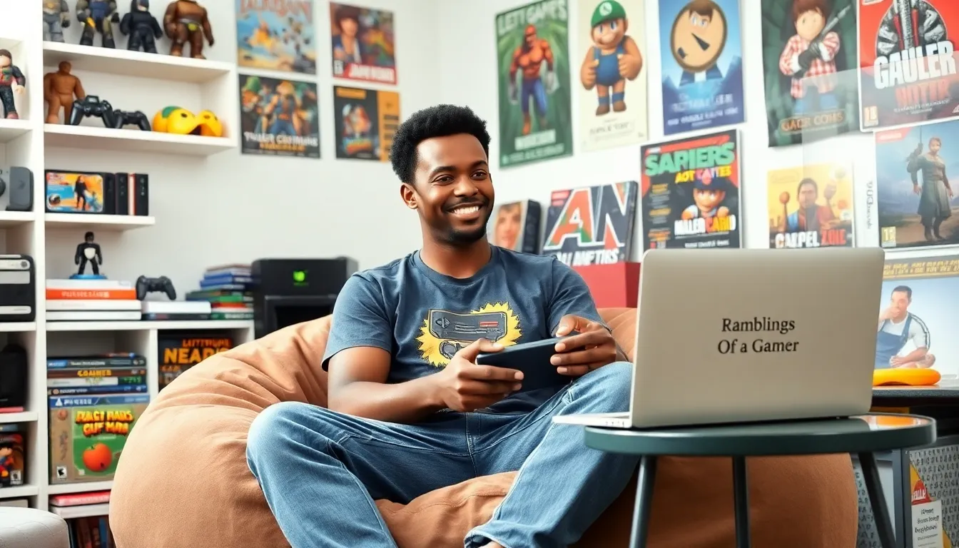 a young man playing video games while engaging with a gaming blog.