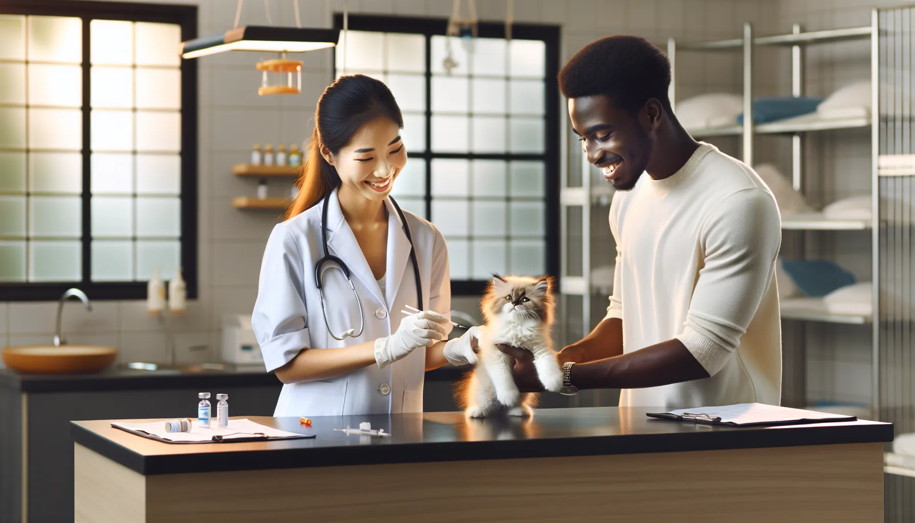veterinarians examining a playful kitten in a modern clinic.