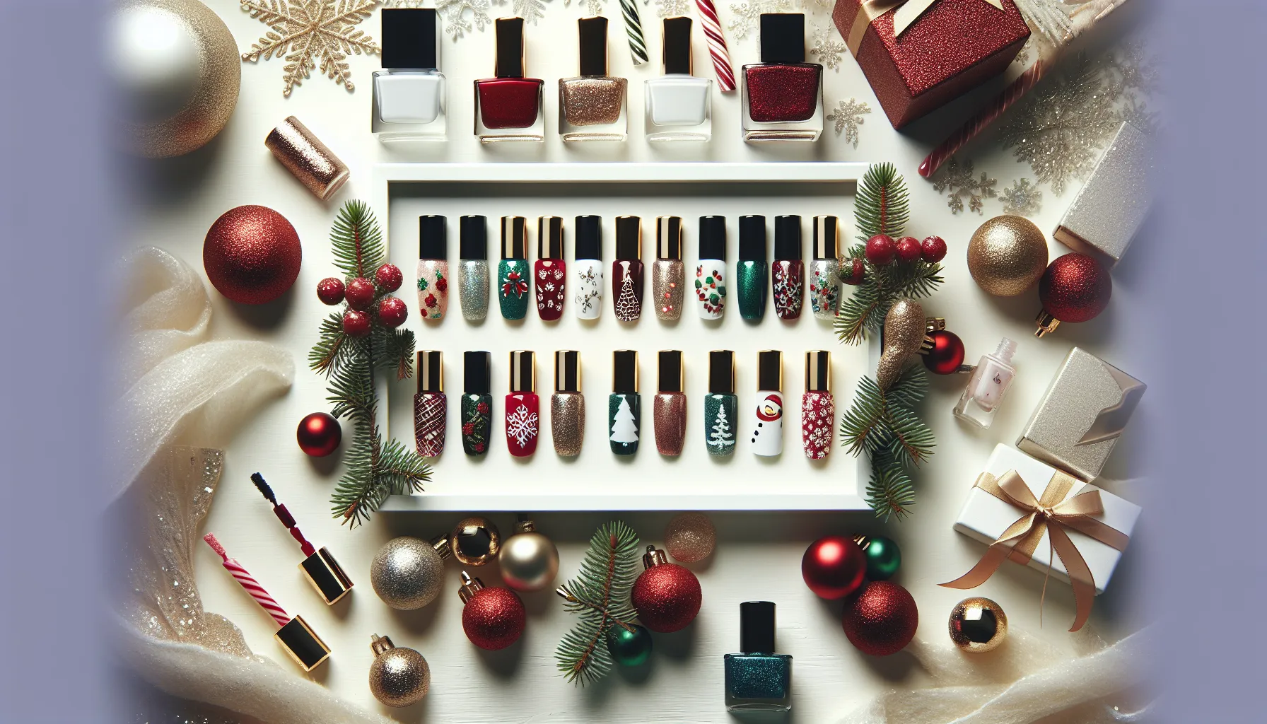 variety of festive nail art designs and nail polish bottles.