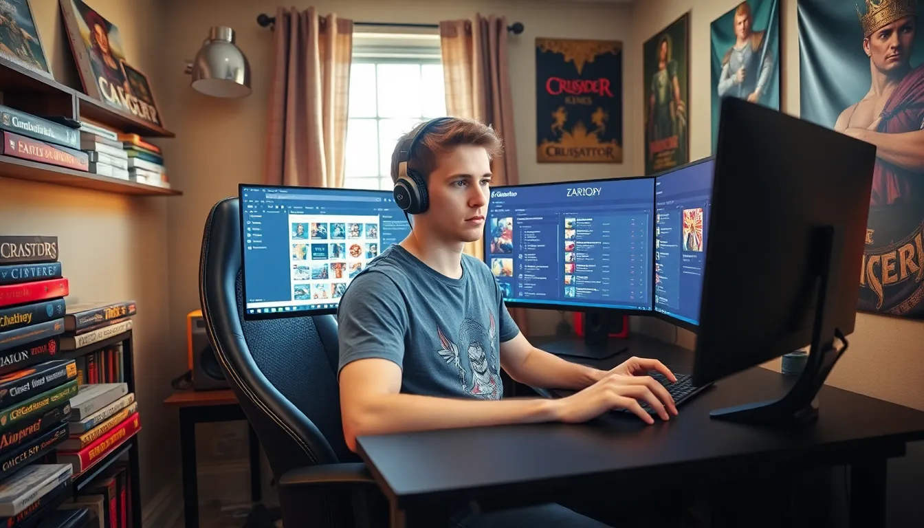 a gamer using CK2Generator for Crusader Kings II in a cozy room.
