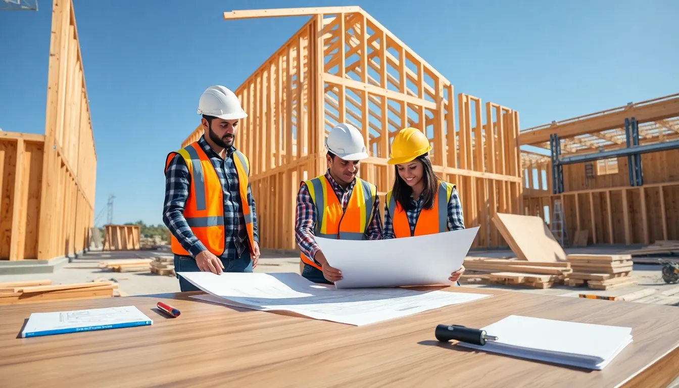 diverse team discussing plans at a Type 5 building construction site.