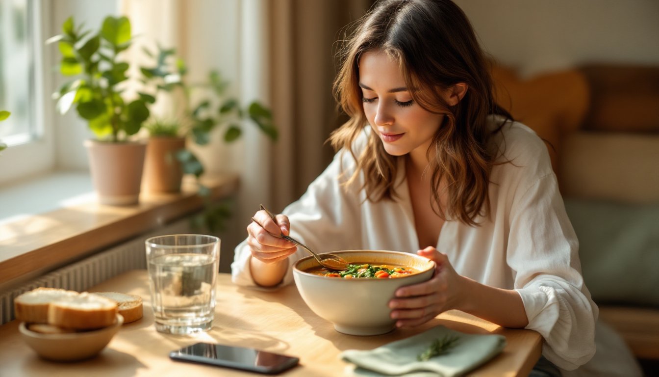 A woman mindfully eating a warm meal alone at a sunlit kitchen table, phone set aside.