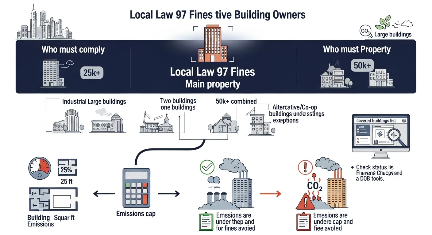 Infographic showing which NYC buildings LL97 covers, emissions limits, and fine triggers.