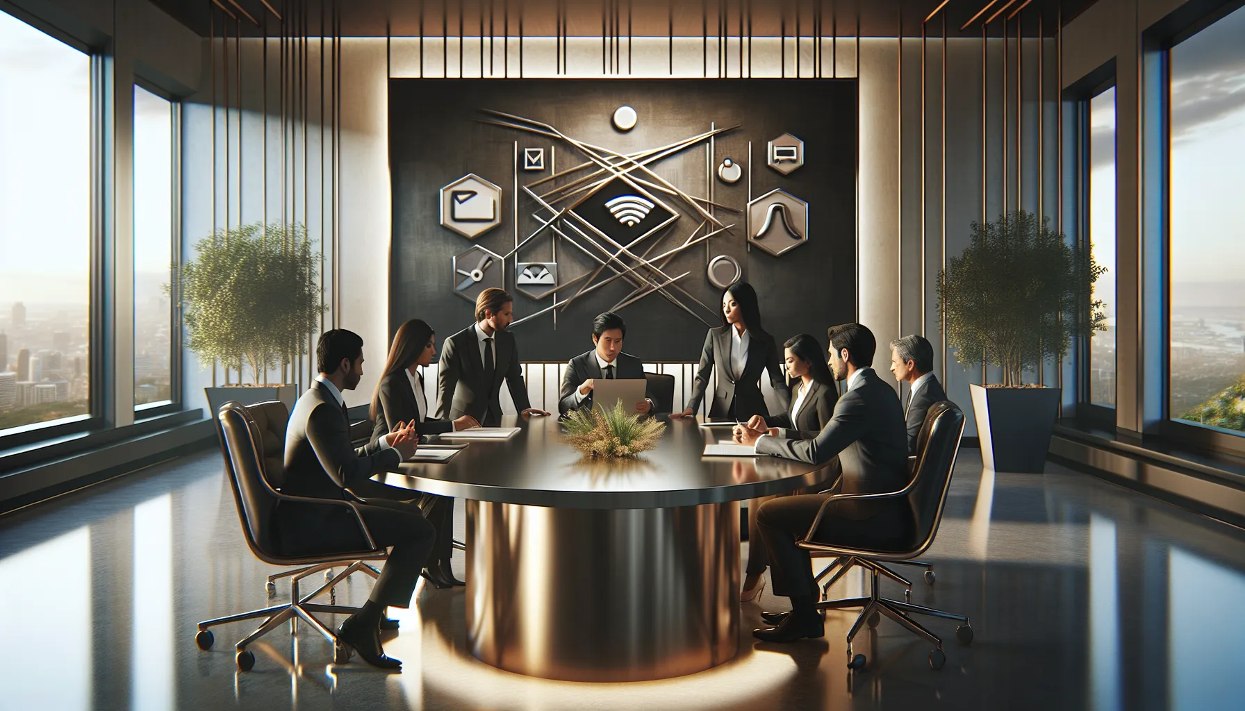 diverse professionals discussing streaming platforms in a modern office.