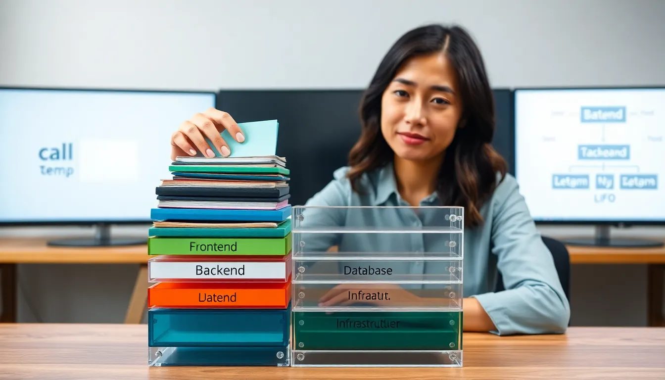 Engineer lifting top card from a labeled stack beside a layered acrylic tech model.