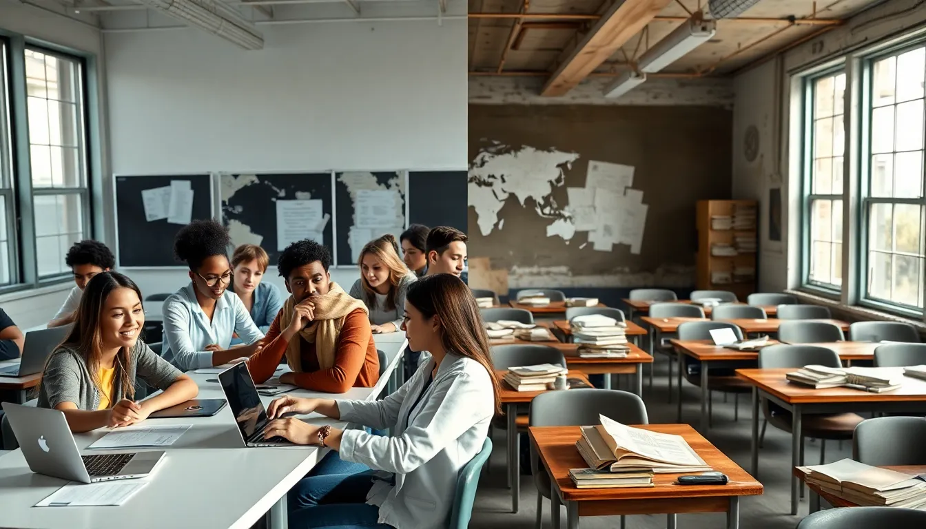 diverse students in a modern classroom, contrasting with an outdated classroom setting.