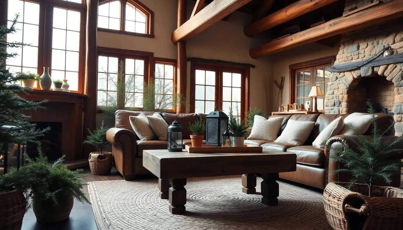 Cozy rustic living room with exposed wooden beams and vintage decor.