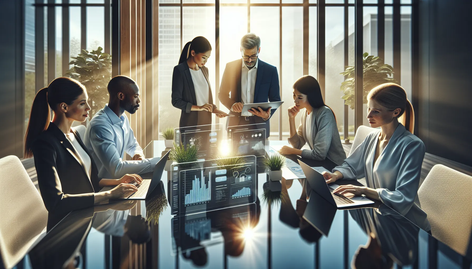 diverse professionals collaborating in a modern office about GenboosterMark.