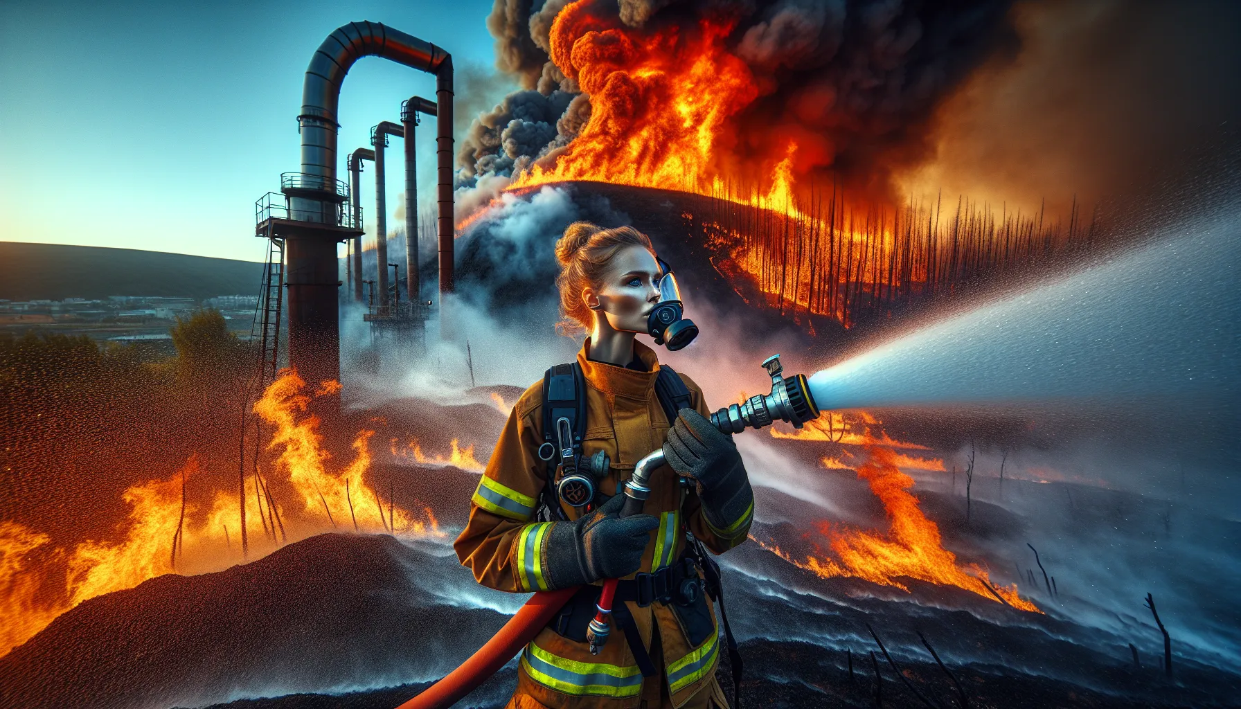 A firefighter battling a wildfire with water spray amidst flames and smoke.