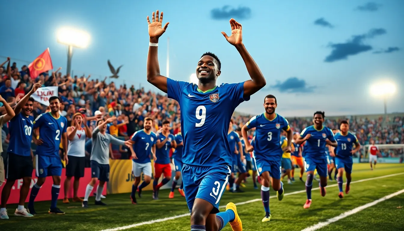 A football player celebrating a last-minute goal in a packed stadium.