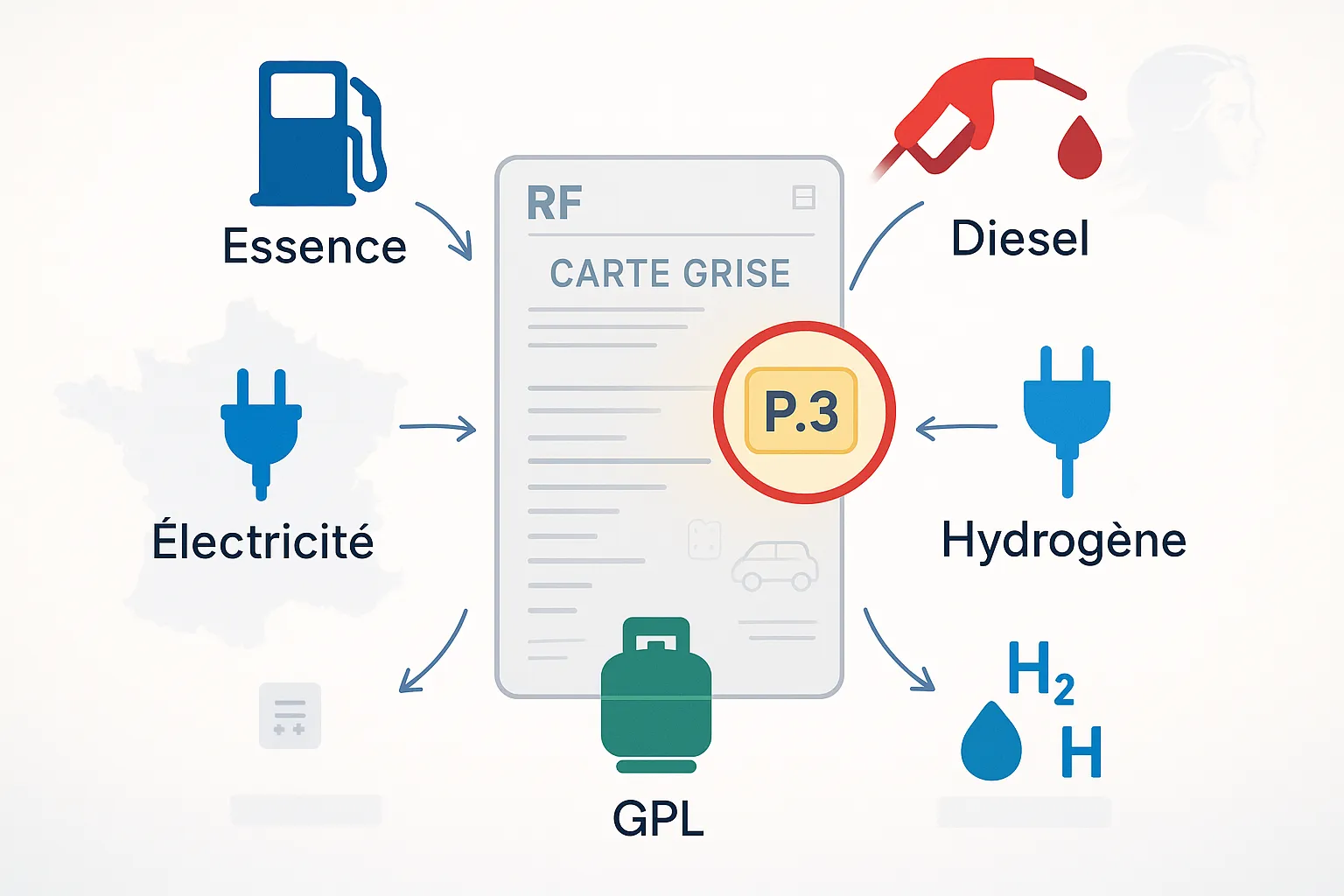 graphic showing fuel types linked to field P.3 on French carte grise