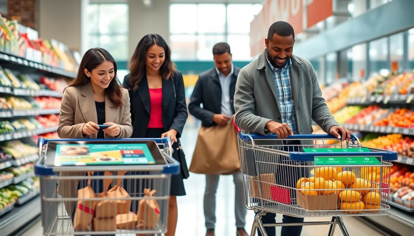 diverse shoppers using smart shopping carts in a modern grocery store.