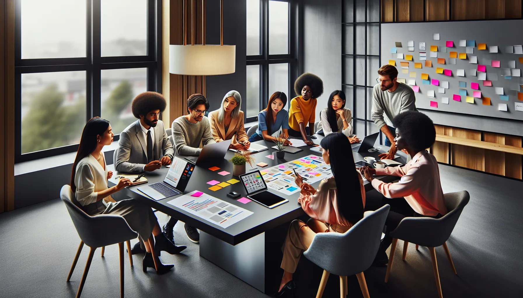 professionals discussing cultural applications in a modern office setting.