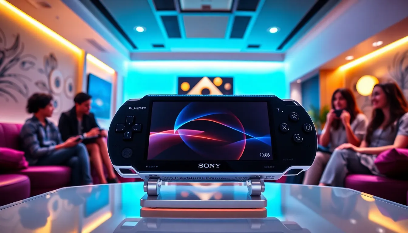 Group of young adults enjoying PlayStation Portable 3000 in a gaming lounge.