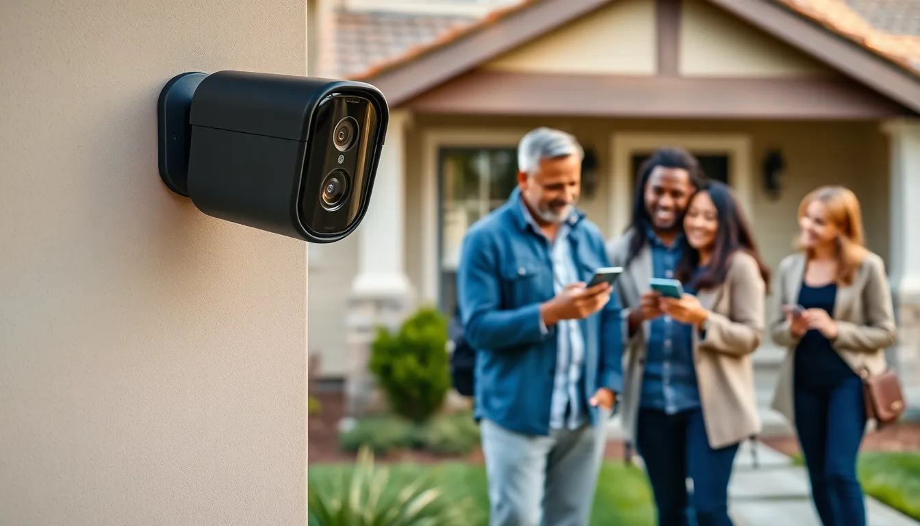 Vivint security camera on a house with a family using a smartphone.