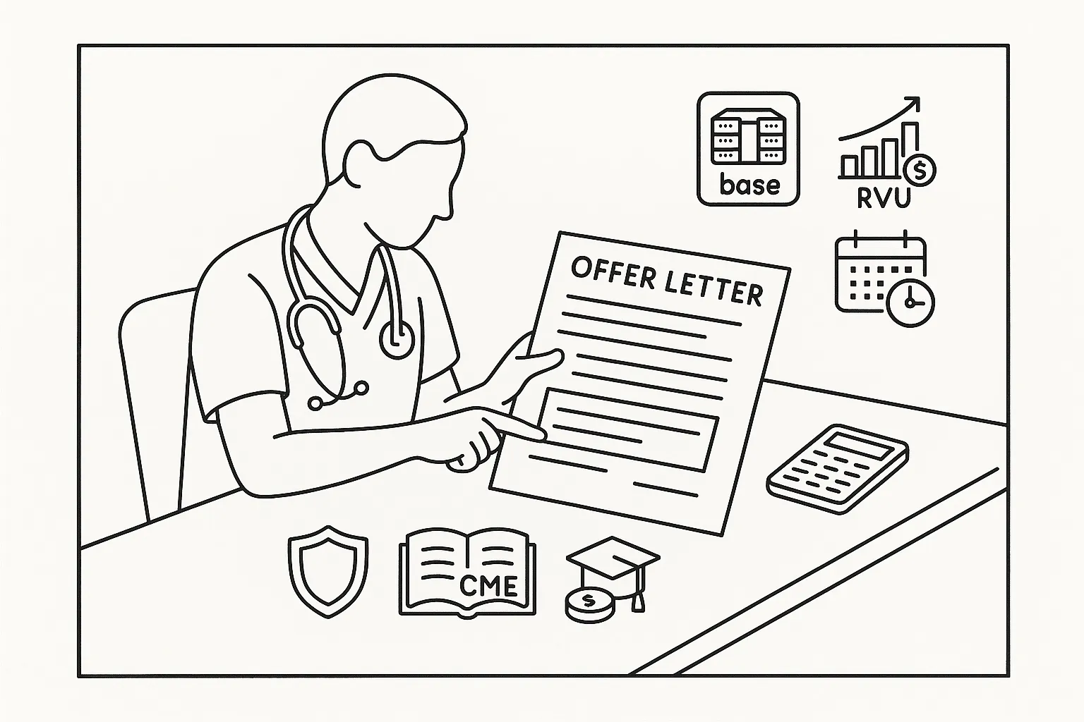 Physician assistant at desk reviewing an offer letter with compensation and benefit icons.