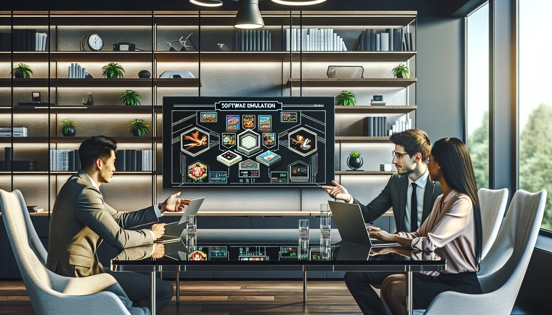 professionals discussing Pblemulator software in a modern office.