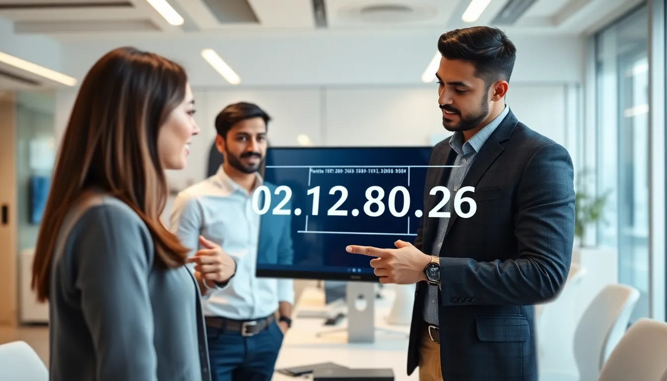 Professionals examining IP address infographic in a modern office.