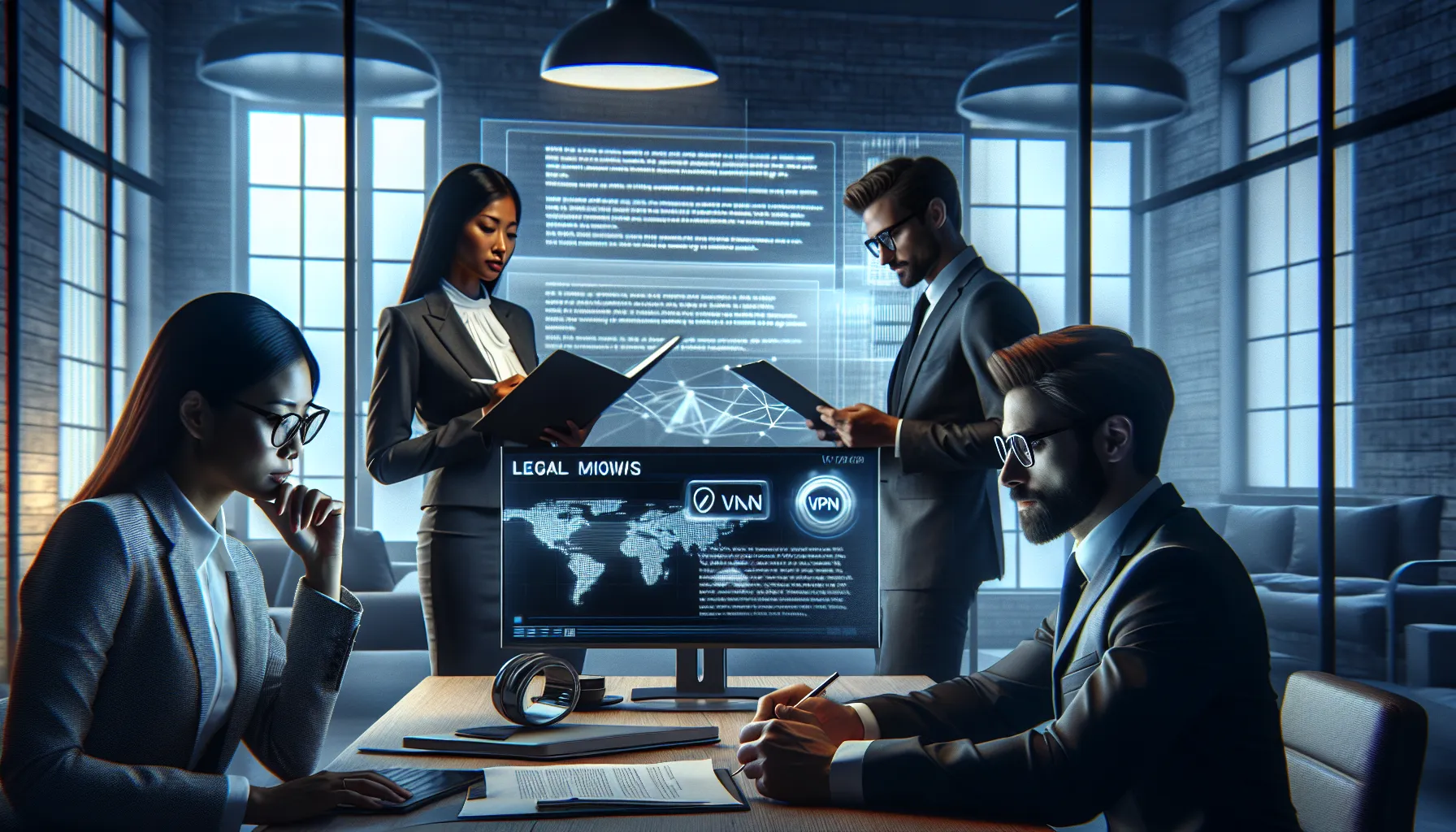 professionals discussing online streaming legality in a modern office.